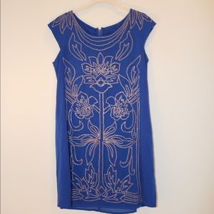 Blue Anthropologie dress with gold embroidery.